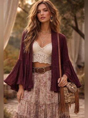 NWT Young Threads Embroidered Boho Kimono Cardigan - Brown